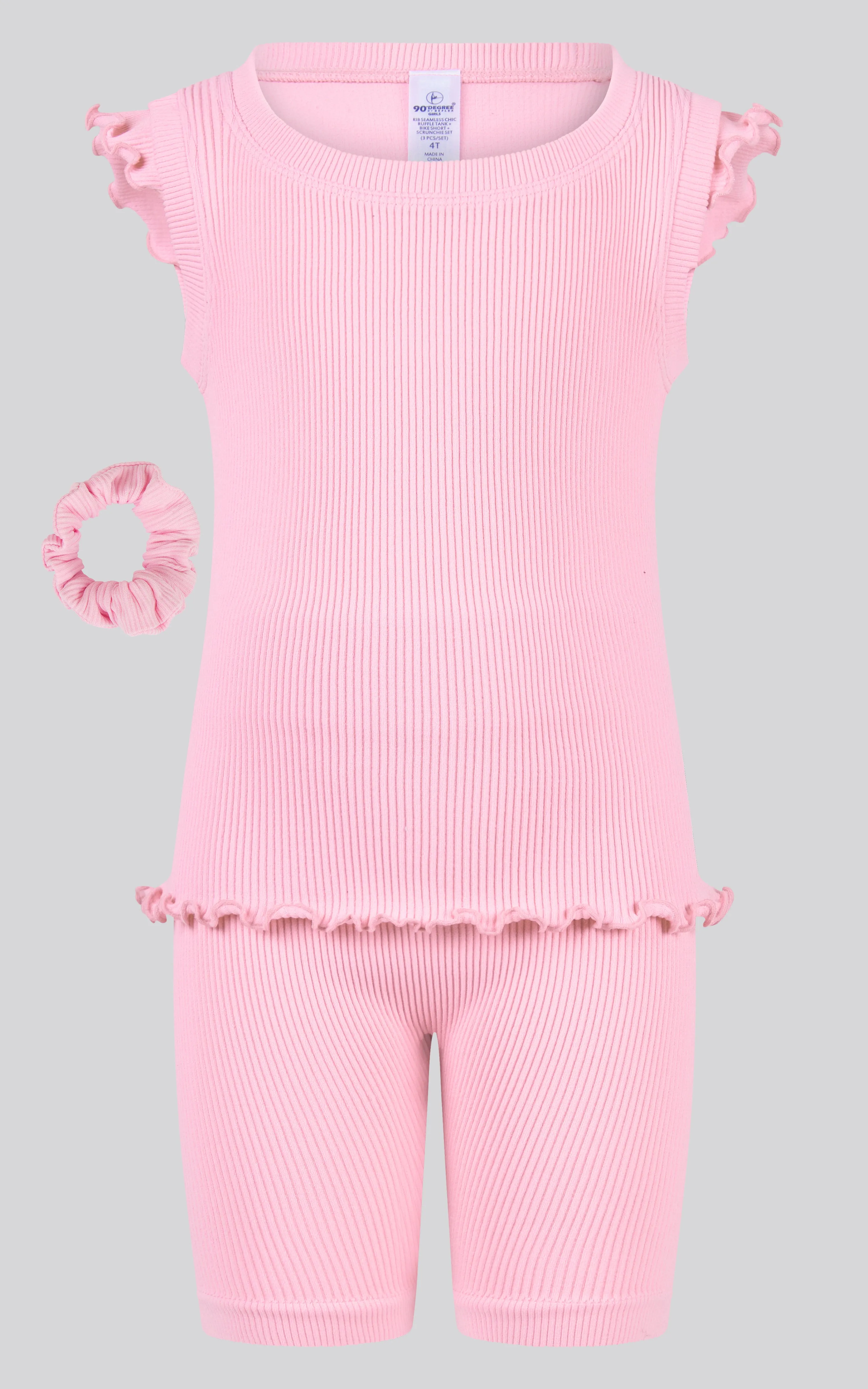 4-6X 3PC Ruffle Tank   Biker Short   Scrunchie Set