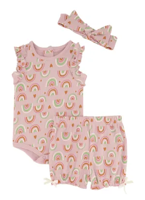 Baby Girls 0-9M Rib Knit Printed Bodysuit and Shorts