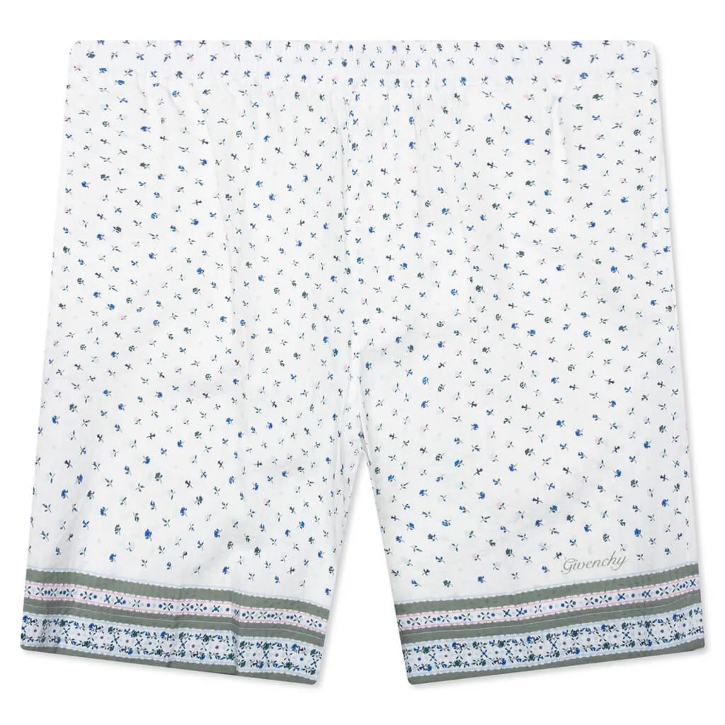 Printed Seersucker Cotton Bermuda Shorts - Cream/Green